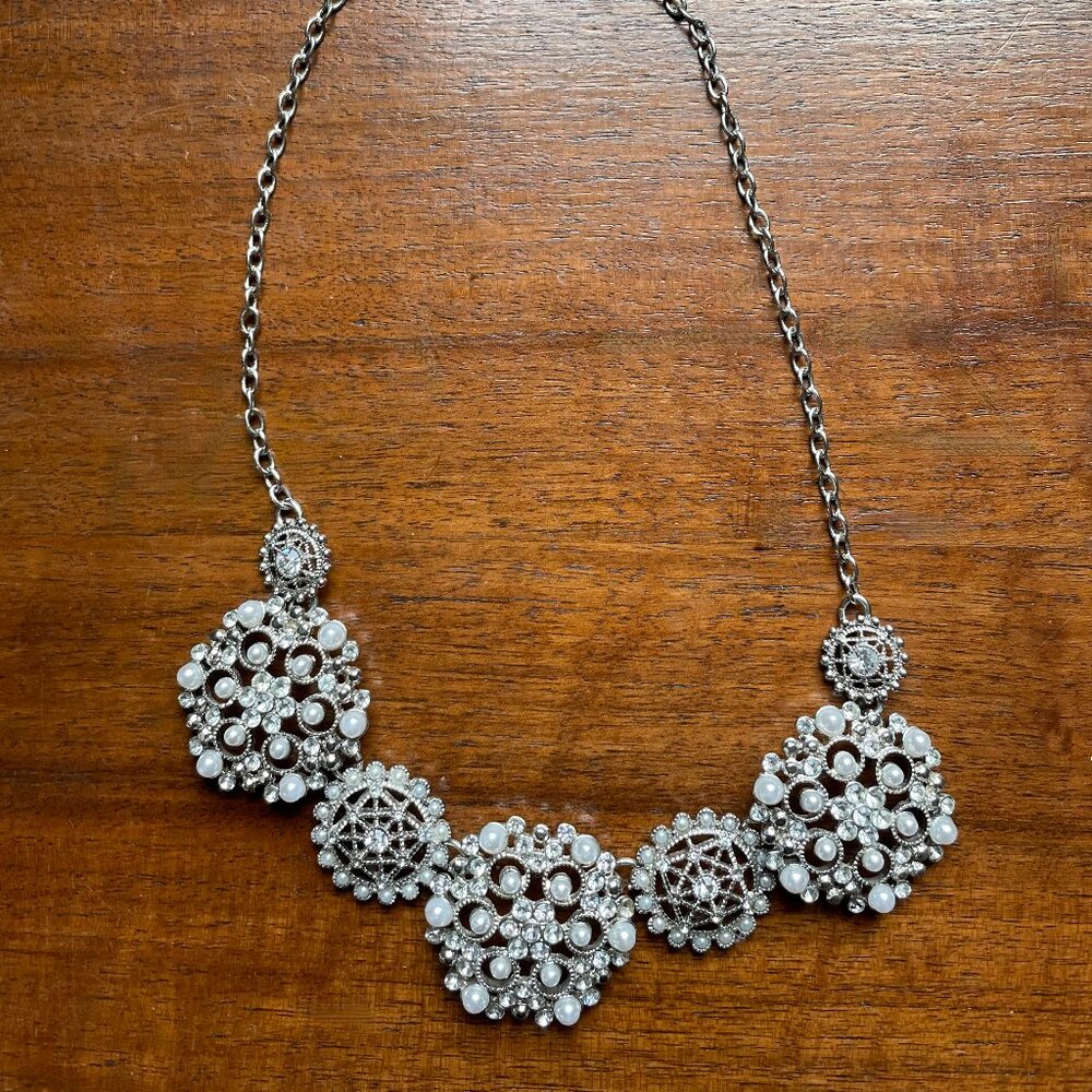 Liz Claiborne Silver Statement Necklace with Faux Pearls and Rhinestones